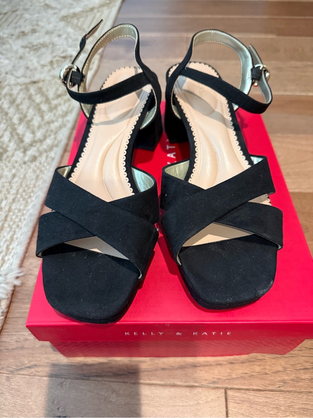 Kelly & Katie Black Suede Crisscross Block Heel Sandals